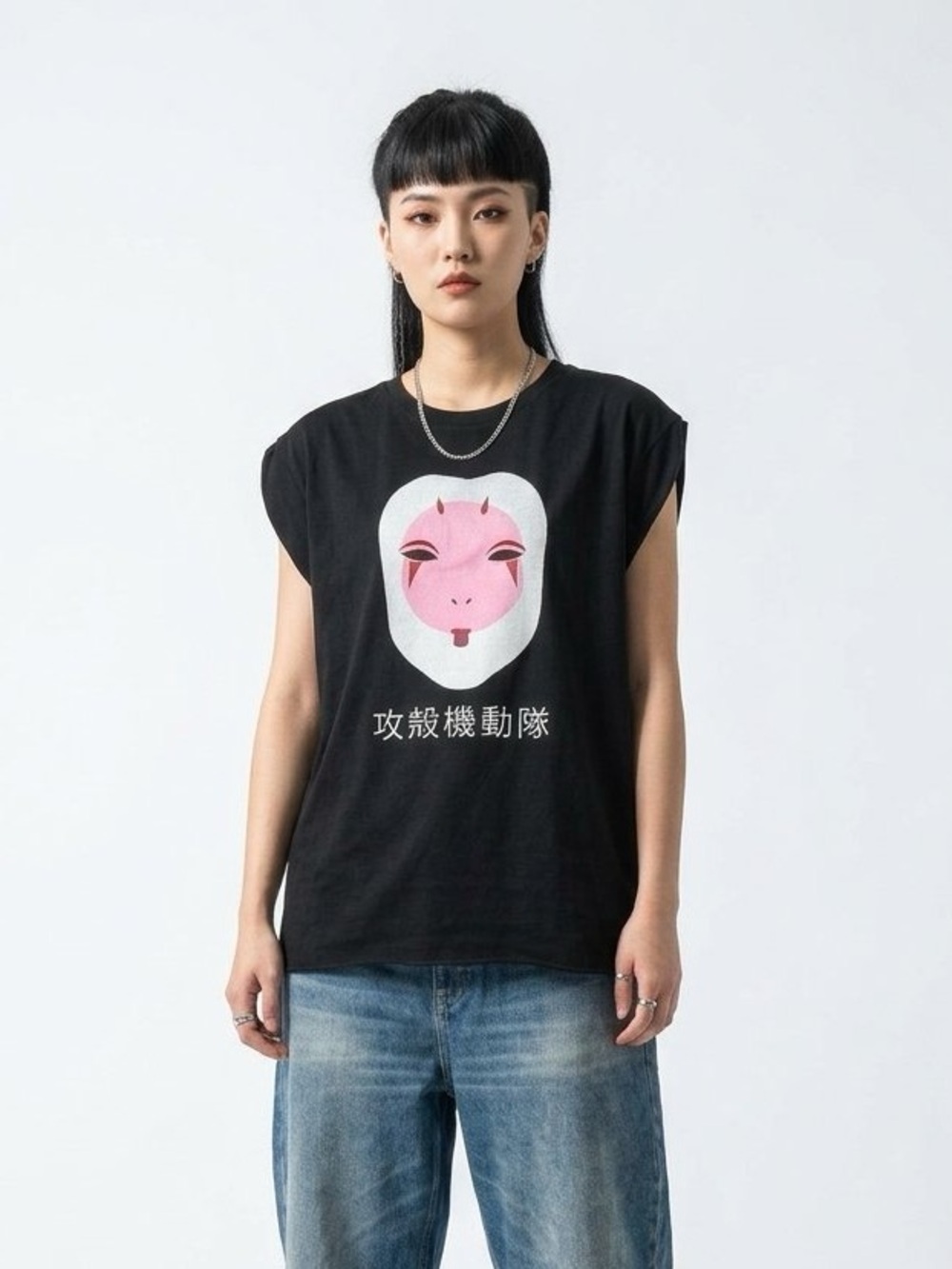 Bella Canvas Black Muscle Tee with Pink Mask Graphic Ghost in the Shell Size L